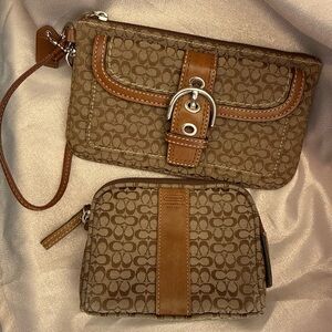 Coach Tan and Brown Signature Wristlet and Pouch Set